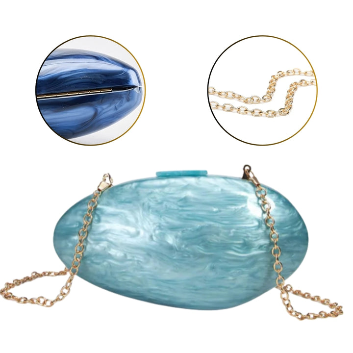 Bolsa de festa azul perolada com formato oval e alça metálica dourada, perfeita para complementar looks noturnos elegantes – loja Bolsa Clutch.