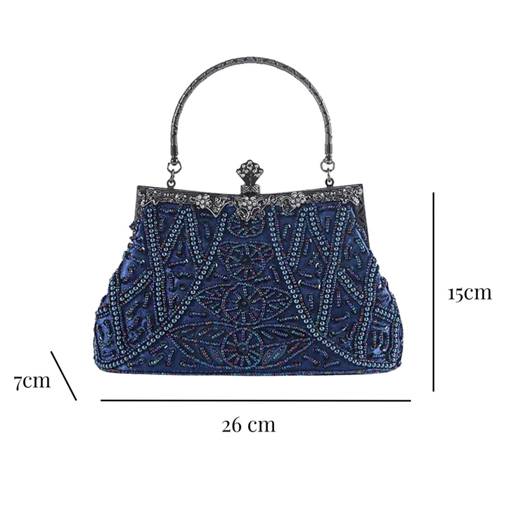 Medidas externas da Bolsa de mão festas clutch azul com pedrarias e alça de metal detalhada, estilo clutch para festas e eventos - loja Bolsa Clutch