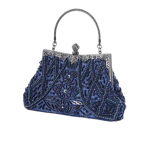 Bolsa clutch azul com bordado artesanal em pedrarias e alça metálica retrô - loja Bolsa Clutch