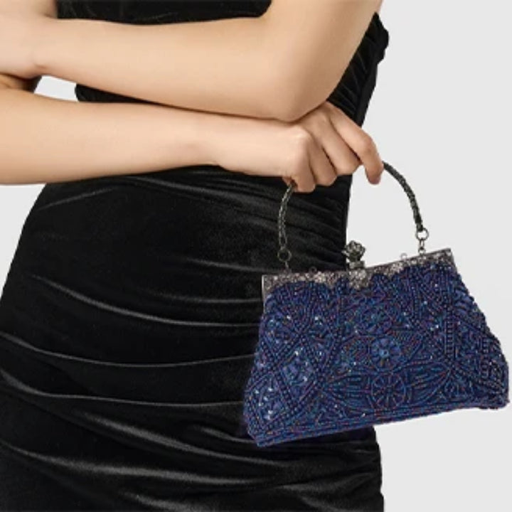 Bolsa de festa azul vintage com design elegante, miçangas brilhantes e fecho clássico - loja Bolsa Clutch