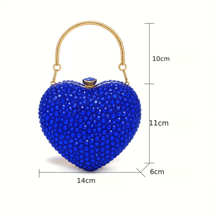 medidas externas e da alça da Bolsa clutch festa azul em formato de coração, cravejada com cristais azuis vibrantes, alça metálica dourada estruturada e fecho superior com detalhe em pedra – loja Bolsa Clutch