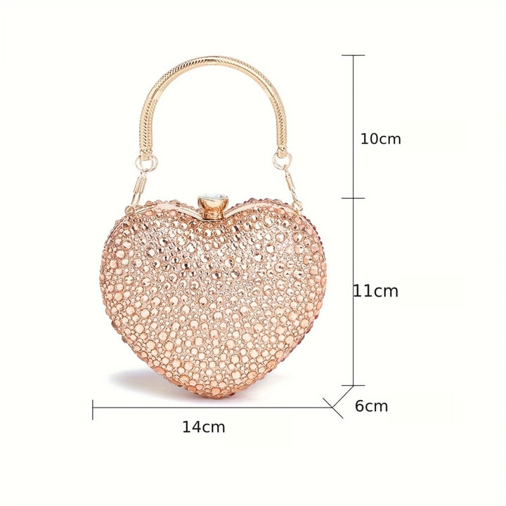 Medidas externas da Bolsa de festa clutch Feminina Champagne em formato de coração, cravejada com cristais azuis vibrantes, alça metálica dourada estruturada e fecho superior com detalhe em pedra – loja Bolsa Clutch