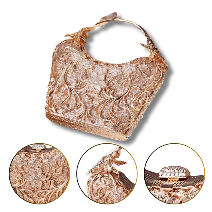 Detalhes da Bolsa clutch festa dourada com acabamento metálico rendado, alça rígida escultural e aplicação de flores em strass, design exuberante e sofisticado – loja Bolsa Clutch