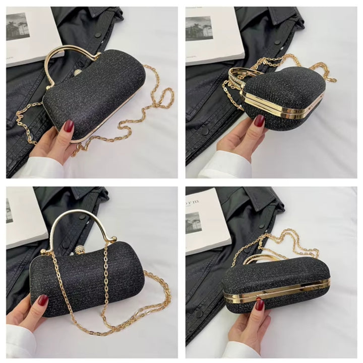 Quatro imagens detalhadas das laterais da Bolsa clutch festa preta elegance com brilho sutil, design retangular arredondado. Alça de mão superior dourada com detalhes em strass, fecho de esfera cravejada e alça de corrente fina dourada. Ideal para festas e eventos formais.