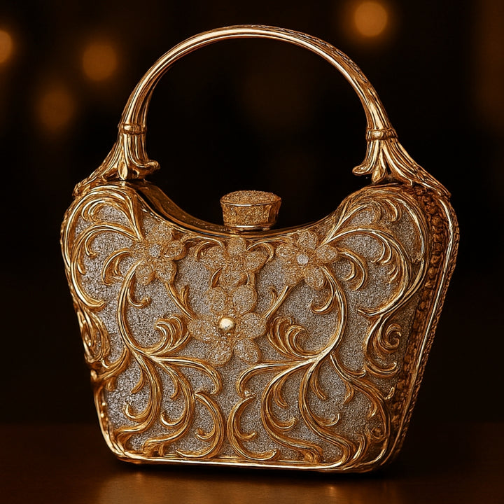 Bolsa festa prata com acabamento metálico dourado rendado, alça rígida escultural e aplicação de flores em strass, design exuberante e sofisticado – loja Bolsa Clutch
