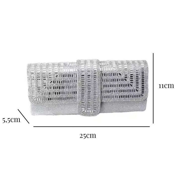 Medidas externas da Bolsa clutch festa prata retangular com acabamento em strass tipo diamante, design estruturado com aba frontal e fecho magnético elegante – loja Bolsa Clutch