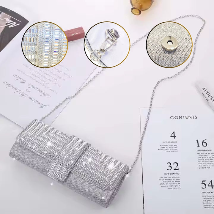 Bolsa clutch festa prata retangular com acabamento em strass tipo diamante, design estruturado com aba frontal e fecho magnético elegante e seus detalhes  – loja Bolsa Clutch