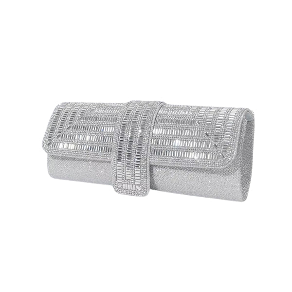 Bolsa de mão clutch festa prata retangular com acabamento em strass tipo diamante, design estruturado com aba frontal e fecho magnético elegante – loja Bolsa Clutch