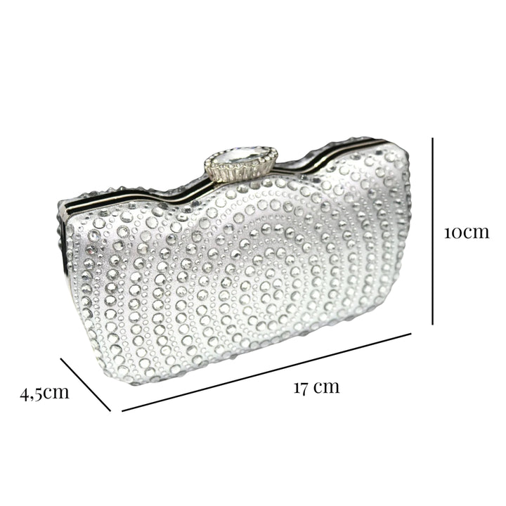Medidas da Bolsa clutch com pedrarias prata em padrão circular, estrutura rígida e fecho decorativo, acessório glamouroso para ocasiões especiais - loja Bolsa Clutch
