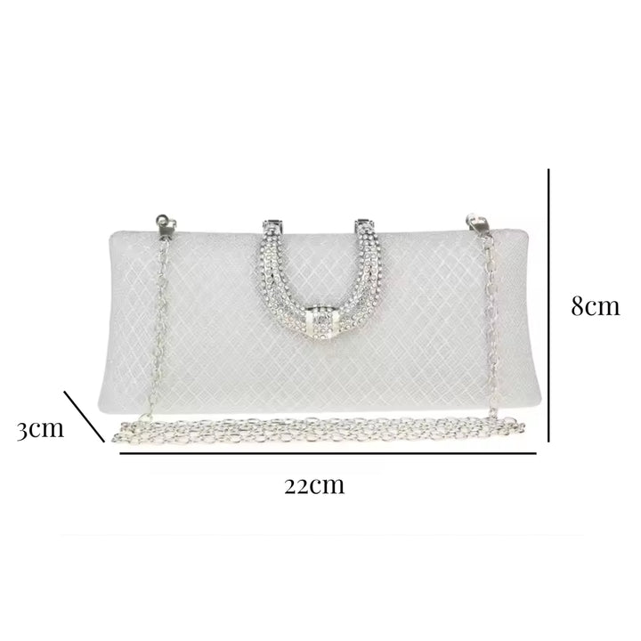 medidas  da Bolsa clutch de festa prata com textura diamantada e alça metálica removível - loja Bolsa Clutch