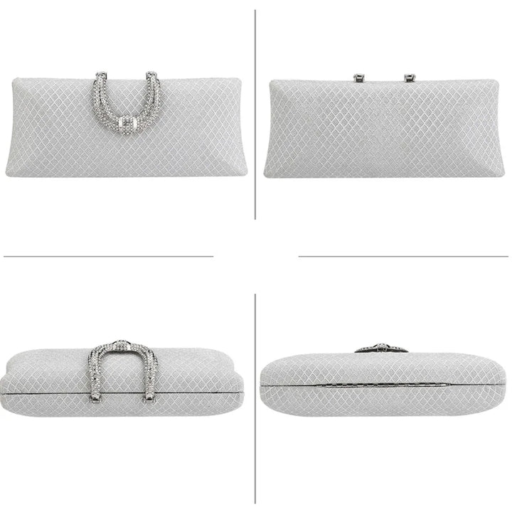 Bolsa clutch de festa prata com textura diamantada e alça metálica removível - loja Bolsa Clutch