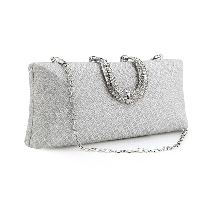 "Bolsa de festa clutch prata com fecho decorado e alça de corrente - loja Bolsa Clutch