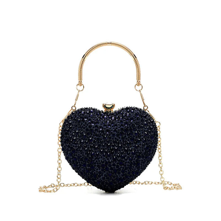 Bolsa de festa clutch Feminina Preta em formato de coração, cravejada com cristais vibrantes, alça metálica dourada estruturada e fecho superior com detalhe em pedra – loja Bolsa Clutch  Bolsa-Clutch-Festa-Preta-Coração-bolsa-pequena-de-festa--loja-bolsa-clutch-0003
