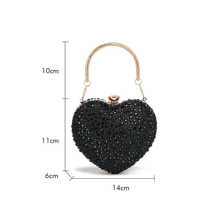 Medidas da  Bolsa de festa clutch Feminina preta em formato de coração, cravejada com cristais vibrantes, alça metálica dourada estruturada e fecho superior com detalhe em pedra – loja Bolsa Clutch Bolsa-Clutch-Festa-Preta-Coração-bolsa-pequena-de-festa--loja-bolsa-clutch-0004-medidas-do-produto