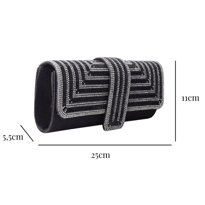 Medidas externas Bolsa feminina de mão clutch festa preta retangular com acabamento em strass tipo diamante, design estruturado com aba frontal e fecho magnético elegante. Ideal para festas, casamentos e eventos sociais chiques – loja Bolsa Clutch
