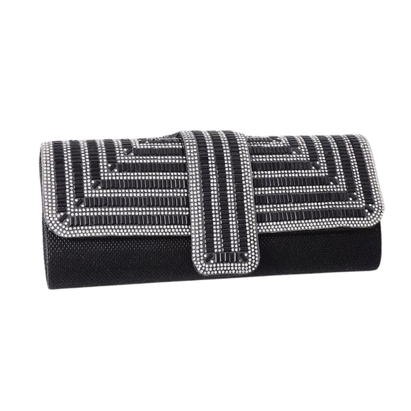 Bolsa feminina de mão clutch festa preta retangular com acabamento em strass tipo diamante, design estruturado com aba frontal e fecho magnético elegante. Ideal para festas, casamentos e eventos sociais chiques – loja Bolsa Clutch
