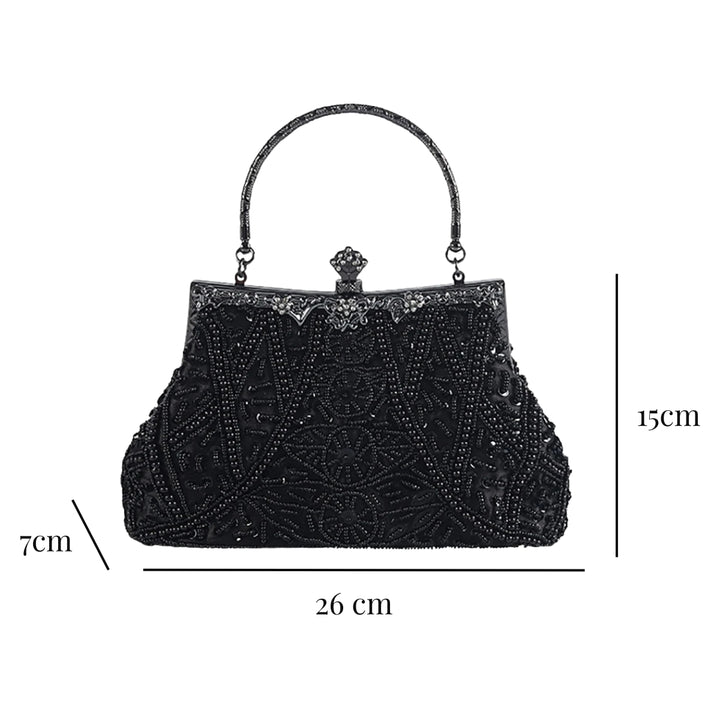 Medidas externas da Bolsa preta elegante para festa com detalhes bordados e fecho metálico retrô - loja Bolsa Clutch