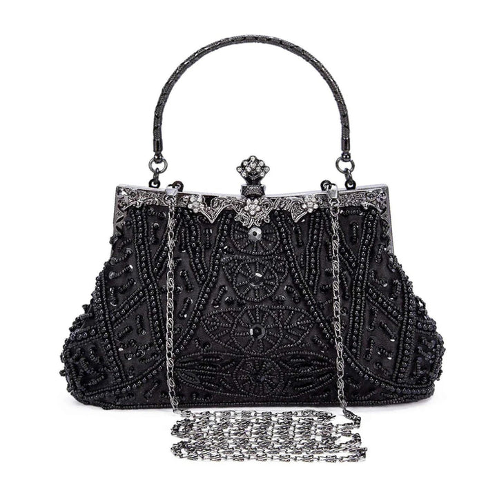 Bolsa clutch preta com bordado em pedrarias e alça de mão vintage e alça de ombro, modelo clássico e sofisticado - loja Bolsa Clutch