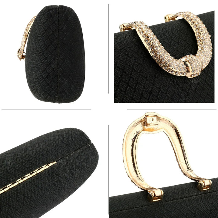 Detalhes da Bolsa de festa preta com fecho cravejado e alça dourada removível, perfeita para looks elegantes em casamentos, formaturas e eventos de gala - loja Bolsa Clutch
