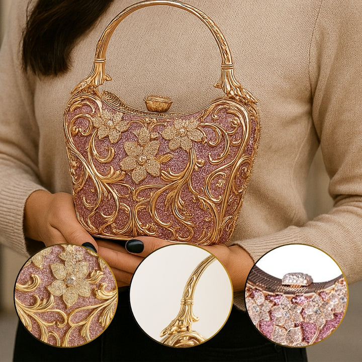 Bolsa de Festa e seus detalhes modelo  clutch Feminina na cor rosa com detalhes dourados com acabamento metálico rendado, alça rígida escultural e aplicação de flores em strass, design exuberante e sofisticado – loja Bolsa Clutch