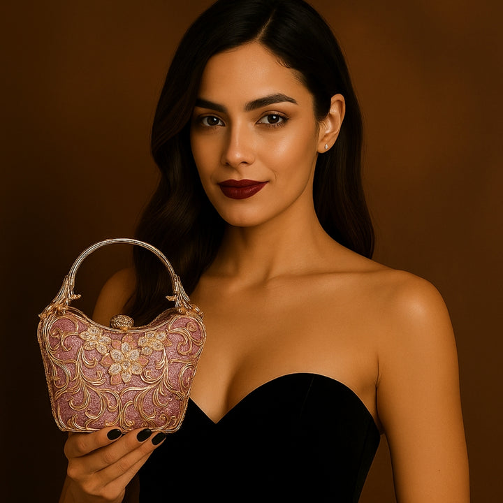 Mulher segurando a Bolsa de Festa clutch Feminina na cor rosa com detalhes dourados com acabamento metálico rendado, alça rígida escultural e aplicação de flores em strass, design exuberante e sofisticado – loja Bolsa Clutch