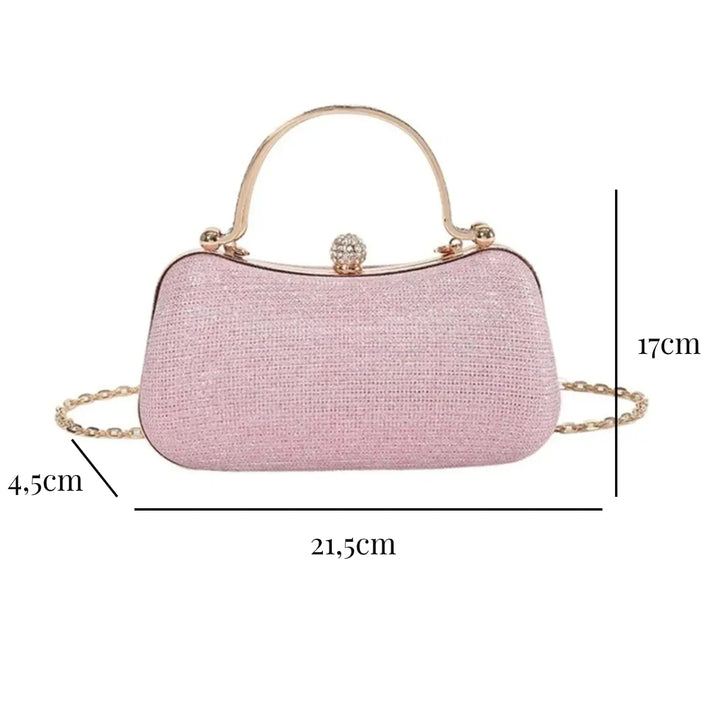 Medidas externas da Bolsa clutch festa  elegance com brilho, design retangular arredondado. Alça de mão superior dourada com strass, fecho de esfera cravejada e alça de corrente fina. Perfeita para eventos especiais e festas.
