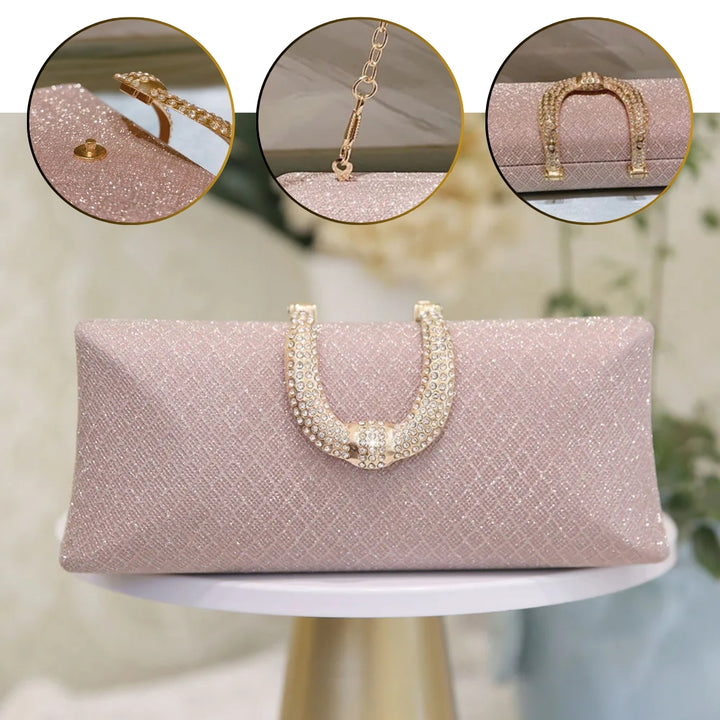 Bolsa de festa rosa pequena com fecho dourado decorado e textura brilhante - loja Bolsa Clutch