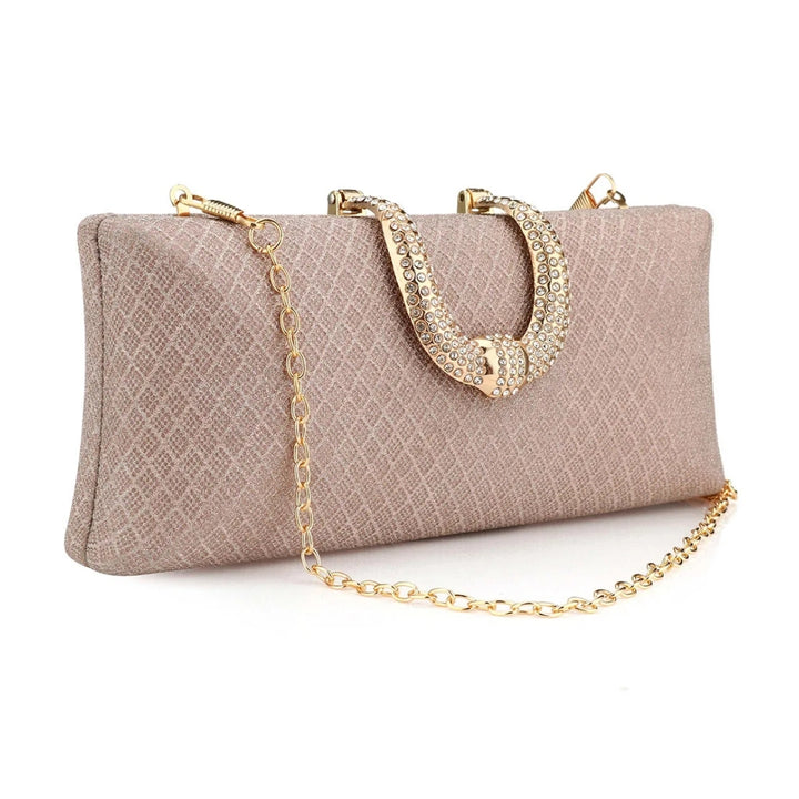 Bolsa clutch de festa rosa com brilho e alça dourada em corrente fina - loja Bolsa Clutch