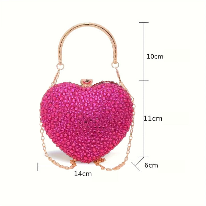 Medidas externas da Bolsa  de festa clutch Feminina rosa em formato de coração, cravejada com cristais azuis vibrantes, alça metálica dourada estruturada e fecho superior com detalhe em pedra – loja Bolsa Clutch