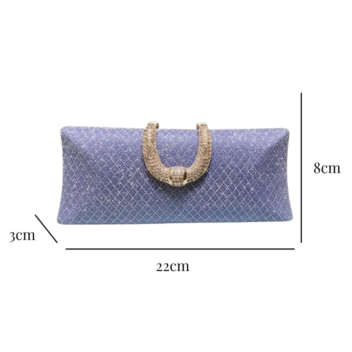 medidas da Bolsa de festa roxa com brilho e detalhe dourado ideal para eventos noturnos - loja Bolsa Clutch