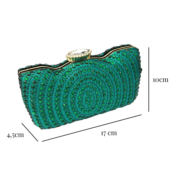 medidas externas da Clutch verde esmeralda com pedrarias e fecho cravejado, acabamento sofisticado com interior em tecido combinando - loja Bolsa Clutch