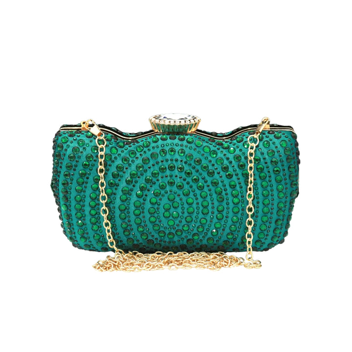 Bolsa verde luxo com alça dourada e design em espiral com cristais verdes, perfeita para eventos noturnos - loja Bolsa Clutch