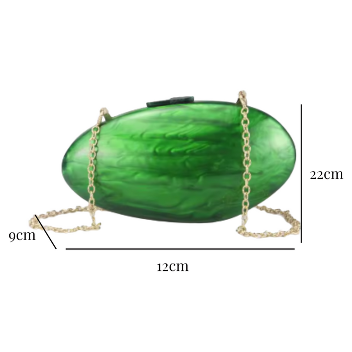 Medidas Bolsa clutch verde jade oval com acabamento marmorizado, alça dourada delicada e design sofisticado para festas e eventos – loja Bolsa Clutch.