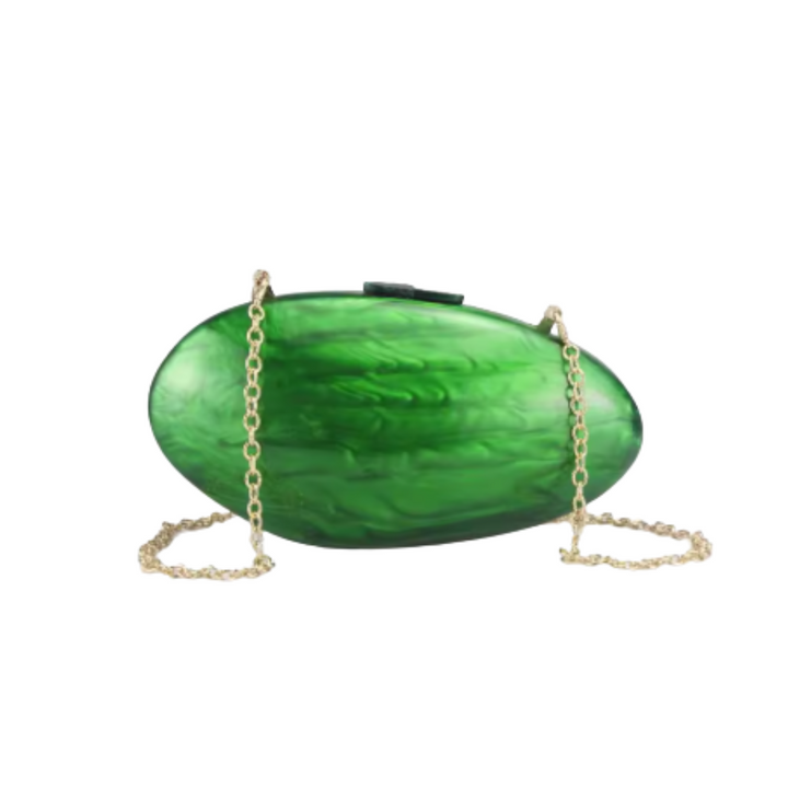 Bolsa clutch verde jade oval com acabamento marmorizado, alça dourada delicada e design sofisticado para festas e eventos – loja Bolsa Clutch.