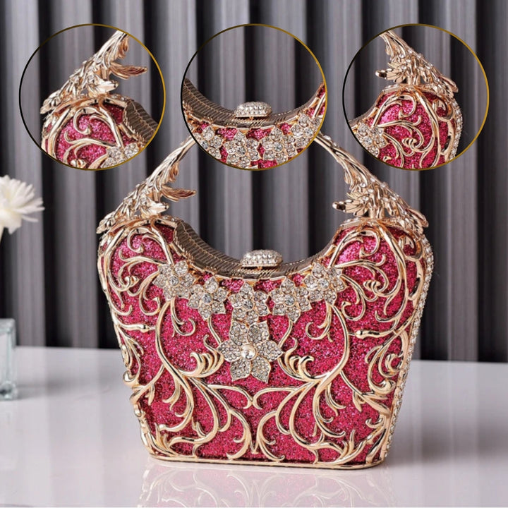 Detalhes da Bolsa clutch festa vermelha com acabamento metálico rendado, alça rígida escultural e aplicação de flores em strass, design exuberante e sofisticado – loja Bolsa Clutch