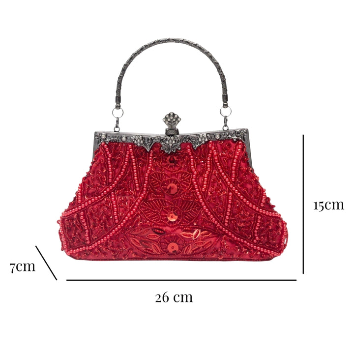 Medidas externas da Bolsa de festa vermelha com alça de mão e acabamento vintage bordado em miçangas e paetês - loja Bolsa Clutch