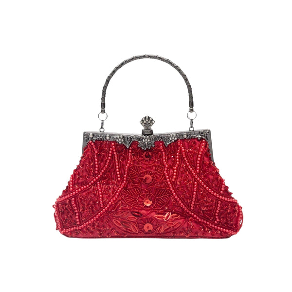Bolsa clutch vermelha estilo vintage com bordados detalhados, paetês e alça de mão metálica ornamentada - loja Bolsa Clutch