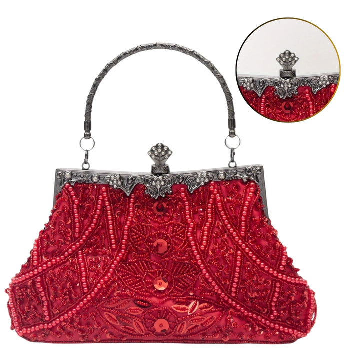 Bolsa de festa vermelha com alça de mão e acabamento vintage bordado em miçangas e paetês - loja Bolsa Clutch