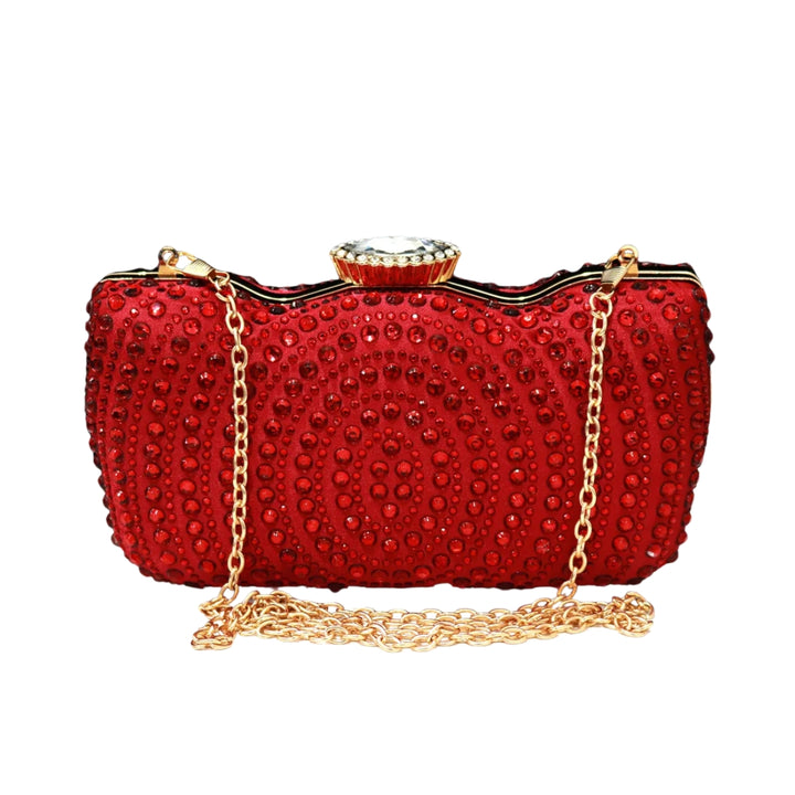 Bolsa clutch vermelha com pedrarias e acabamento em cetim, fecho joia e moldura dourada com corrente de ombro — perfeita para festas de luxo - loja Bolsa Clutch