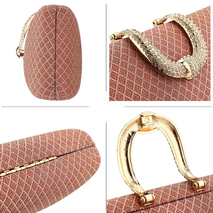 Detalhes luxuosos da Bolsa clutch vermelha carmim com textura geométrica e fecho em ferradura cravejada, perfeita para festas, jantares e eventos elegantes - loja Bolsa Clutch