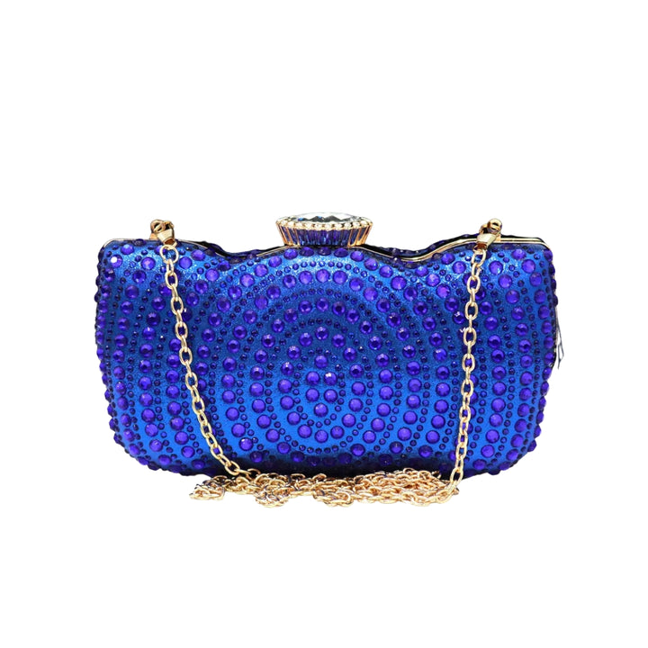 Clutch azul festa com pedrarias em padrão espiral, fecho de cristal lapidado e corrente dourada delicada - loja Bolsa Clutch