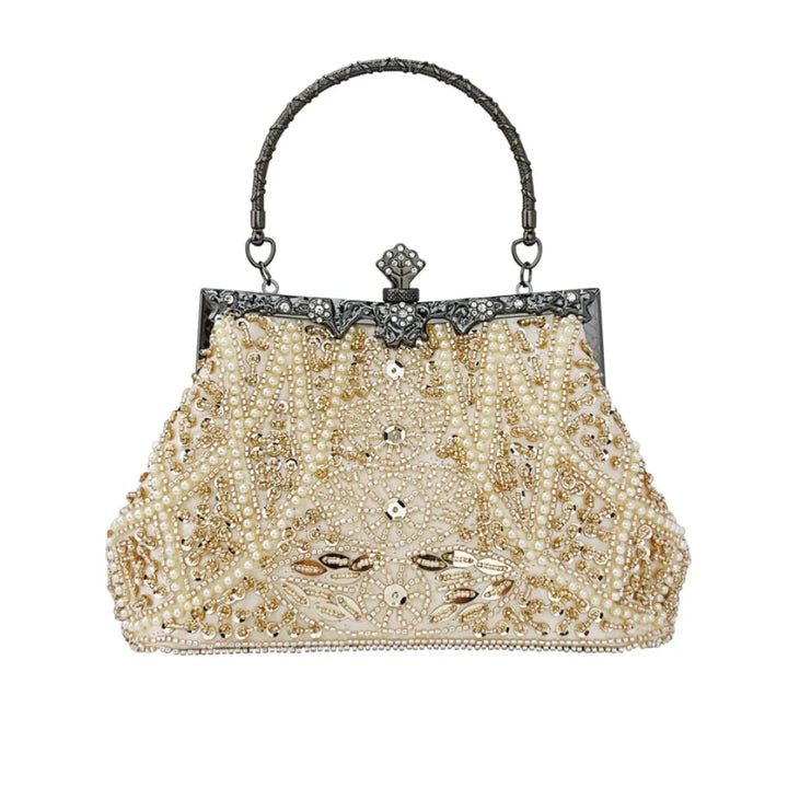 Bolsa  feminina clutch festa champagne com alça em corrente prata e alça de mão,  acabamento vintage bordado com pérolas e flores - loja Bolsa Clutch