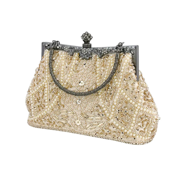 Bolsa Vintage feminina clutch festa champagne com alça em corrente prata e alça de mão,  acabamento vintage bordado com pérolas e flores - loja Bolsa Clutch
