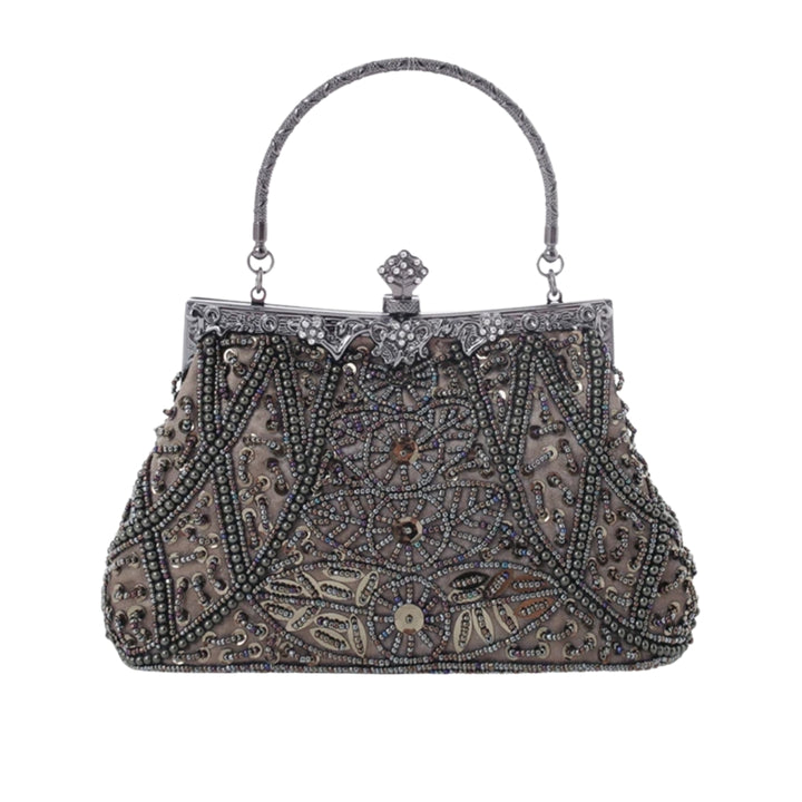 Bolsa clutch cinza estilo vintage com bordados em miçangas e paetês e alça de mão metálica elegante - loja Bolsa Clutch