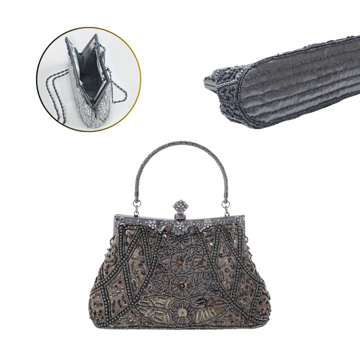 Bolsa clutch com alça metálica, acabamento bordado em pedrarias cinza e design vintage sofisticado - loja Bolsa Clutch