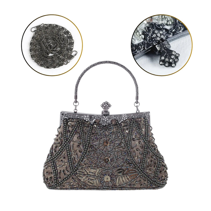 Linda e luxuosa Bolsa de festa cinza vintage com aplicações em pedrarias, fecho retrô e alça de metal detalhada - loja Bolsa Clutch