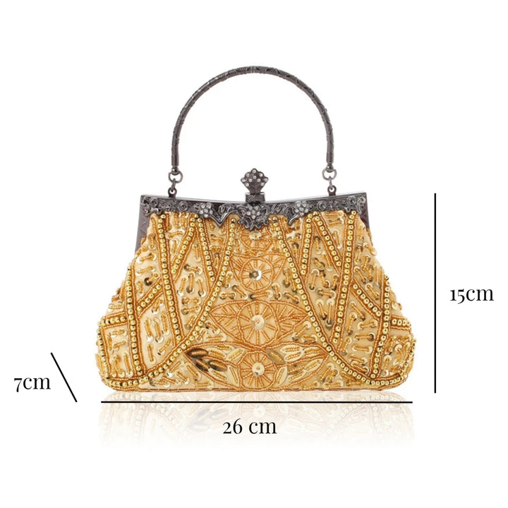 Medidas externas da Bolsa clutch dourada com pedrarias bordadas à mão e estrutura vintage em metal escuro - loja Bolsa Clutch