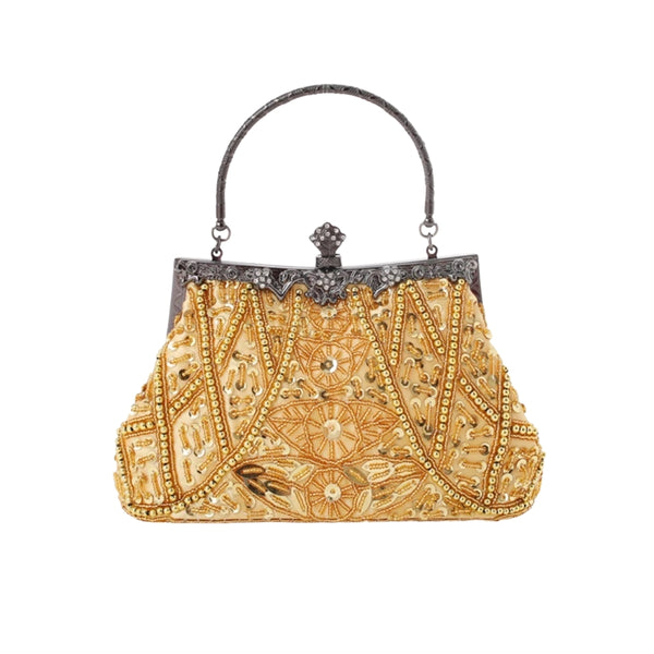 Bolsa clutch dourada com pedrarias bordadas à mão e estrutura vintage em metal escuro - loja Bolsa Clutch