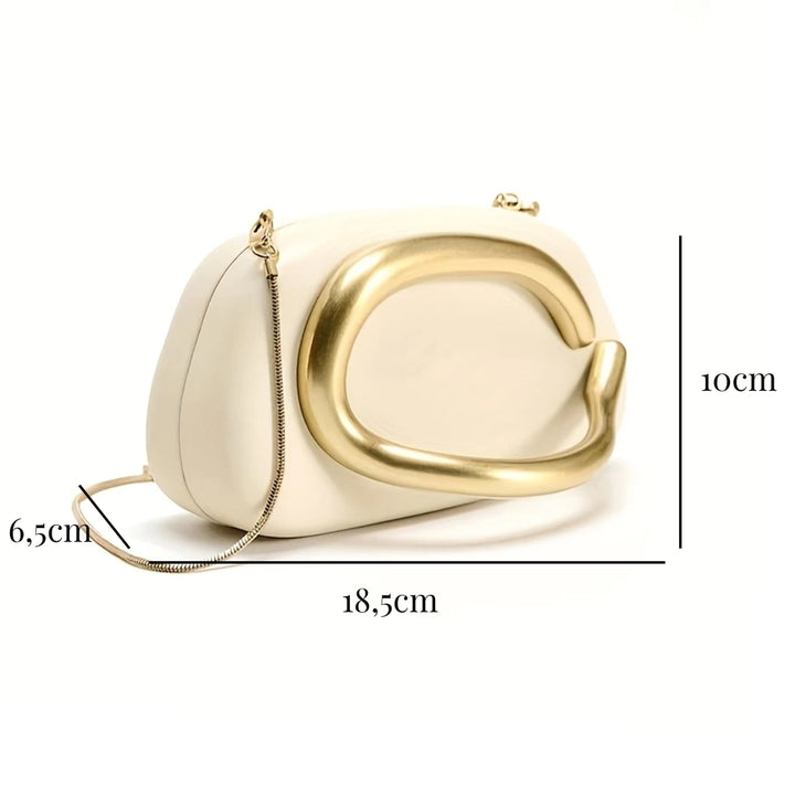 Medidas externas da Bolsa clutch festa dourada. lindo Design moderno com alça de mão dourada curva integrada e alça de corrente. Ideal para eventos.