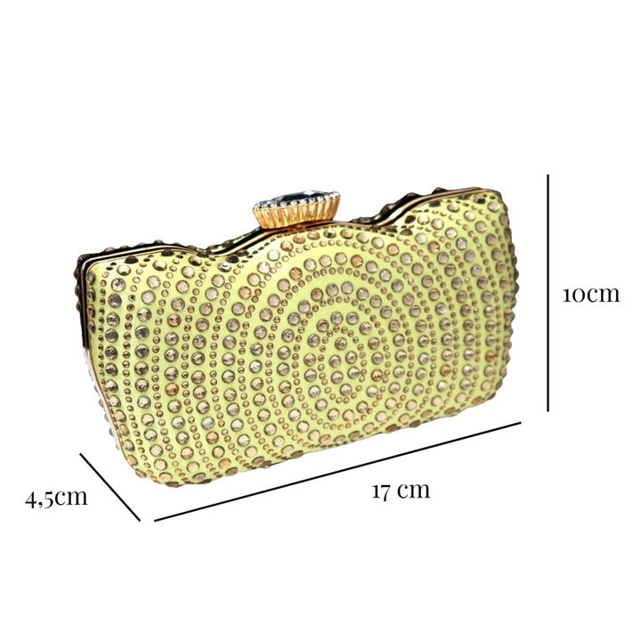 Medidas externas da Bolsa Clutch luxo dourada com acabamento brilhante, corrente metálica e interior forrado, ideal para ocasiões de alto padrão - loja Bolsa Clutch